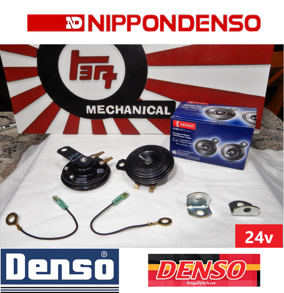 Genuine NipponDenso / DENSO 24v Volts TONE Horns KIT Hi and LOW Pitch w/  Grounding Straps Pig-tails Kit WORKS ON ALL 24v TOYOTA Vehicles NO Relays  