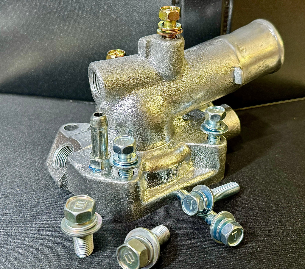 UPDATED NEW 6pc KIT  Thermostat Housing PLUG & PLAY Violet Silver Zinc Plated Salt Spray Rating Thermostat Housing ALL JAPAN Spec. JIS DOUBLE SEMS BOLTS Hardware Mounting KIT  F1.5 2F 3F CARB. 3FE 1972 -1990 FJ40 FJ60 FJ55 FJ43 FJ62 FJ80