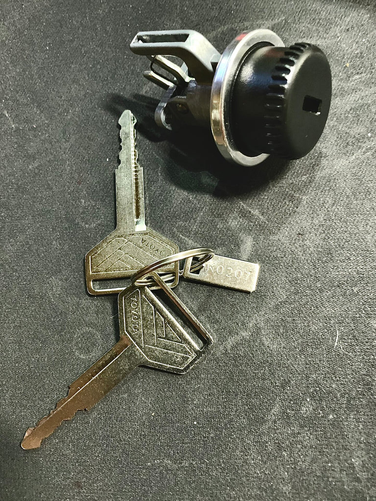 NOS Late Model FJ62 / HJ61  /  Series Round Glove Box Locking Knob Key Cylinder Lock  w./ 2 oem keys and Factory TOYOTA key code tag   BJ40 BJ42 BJ44 FJ40 FJ45  Plug and Play !