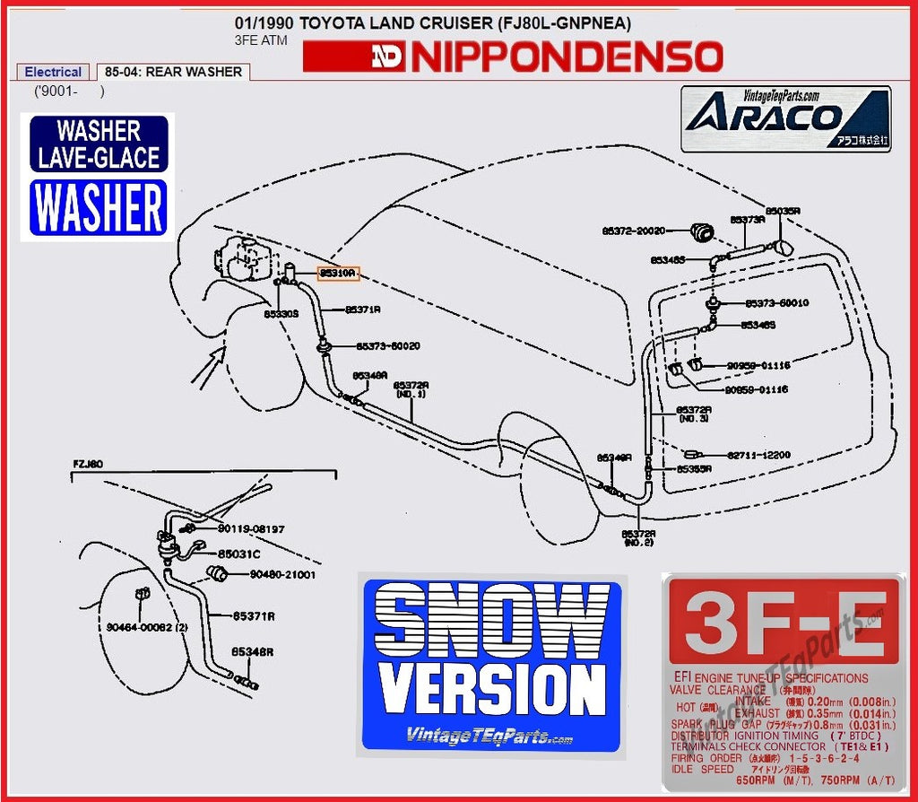 SNOW VERSION GRADE OEM GENUINE ASMO NipponDenso 3FE FJ80  80 Series Complete all inclusive plug and play Washer Bottle kit w/ BOTH FRONT and REAR pump motors with OUR Signature OEM-Reproduction BLUE TINT hose FITS 90-92 HEAVY DUTY TOUGH AS NAILS