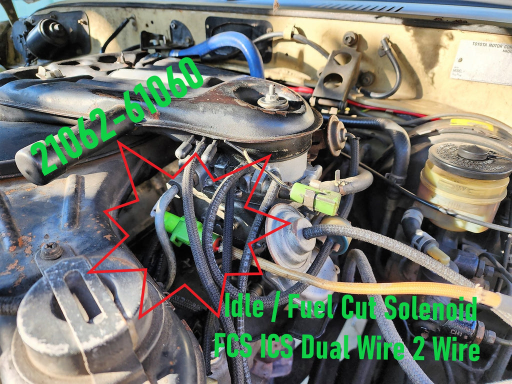 21062-61060 Next Generation  Idle / Fuel Cut Solenoid FCS ICS Dual Wire 2 Wire w/ Correct TOYOTA LAND CRUISER Factory Profile Type OEM Electrical Connector Fits ALL 2F Engine Carburetors 1/75-9/87 ( This is a COMPLETE Install / Restore KIT )