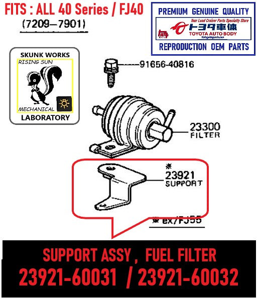 Part # 23921-60031 / 23921-60032 SUPPORT, FUEL FILTER Fits 9/72 - 1/79 ALL 40 Series FJ40 includes ALL bolts & OEM Filter