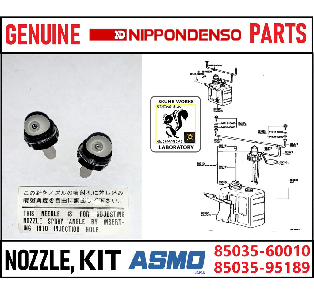 GENUINE ASMO / NipponDenso JAPAN OEM TOYOTA Washer Nozzle 2pc KIT  85035-60010 /  85035-95189 ROUND Style Single Housing SINGLE  JETS USES the D-GROOVE HOOD HOLE PROFILE SEE photos PLEASE .........