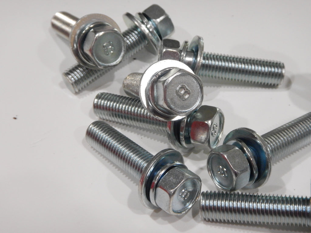 OEM TOYOTA Stamped #8  M10 x 1.25 x 40mm LONG SEMS JIS JAPAN BOLTS SILVER BLUE ZINC PLATING ( qty x 10pack kit )