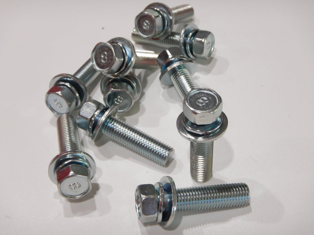 OEM TOYOTA Stamped #8  M10 x 1.25 x 40mm LONG SEMS JIS JAPAN BOLTS SILVER BLUE ZINC PLATING ( qty x 10pack kit )
