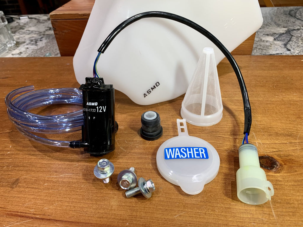 SNOW VERSION GRADE 8/80-9/87 FJ60  Plug and Play Windshield Washer Fluid Reservoir Bottle Jar  Comes with :  Pump , Cap , Decals , Hose , Mounting Bolts , Filter , Screen , Grommet